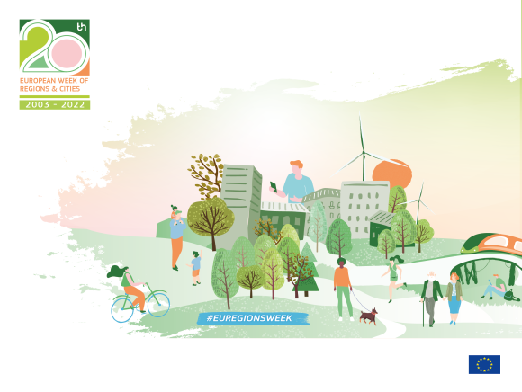 branding #Euregionsweek2022 Image branding of the Week of Regions and Cities 2022 representing a landscape with citizens, trees, buildings, a train, windmills and the sun